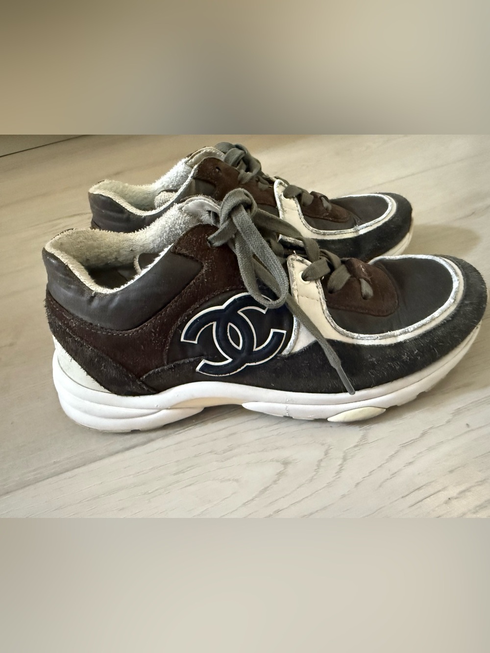 CHANEL Brown, White & Gray Leather Logo Sneakers